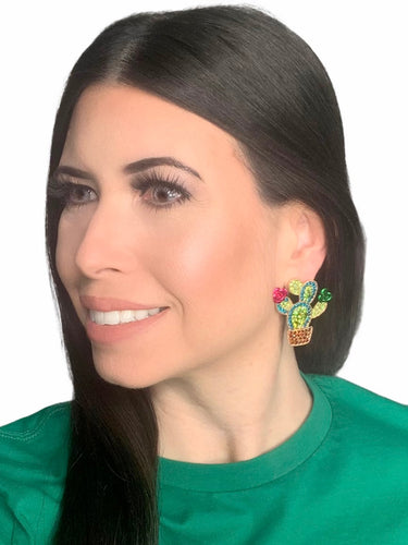 Large Rhinestone Cactus Stud Earrings